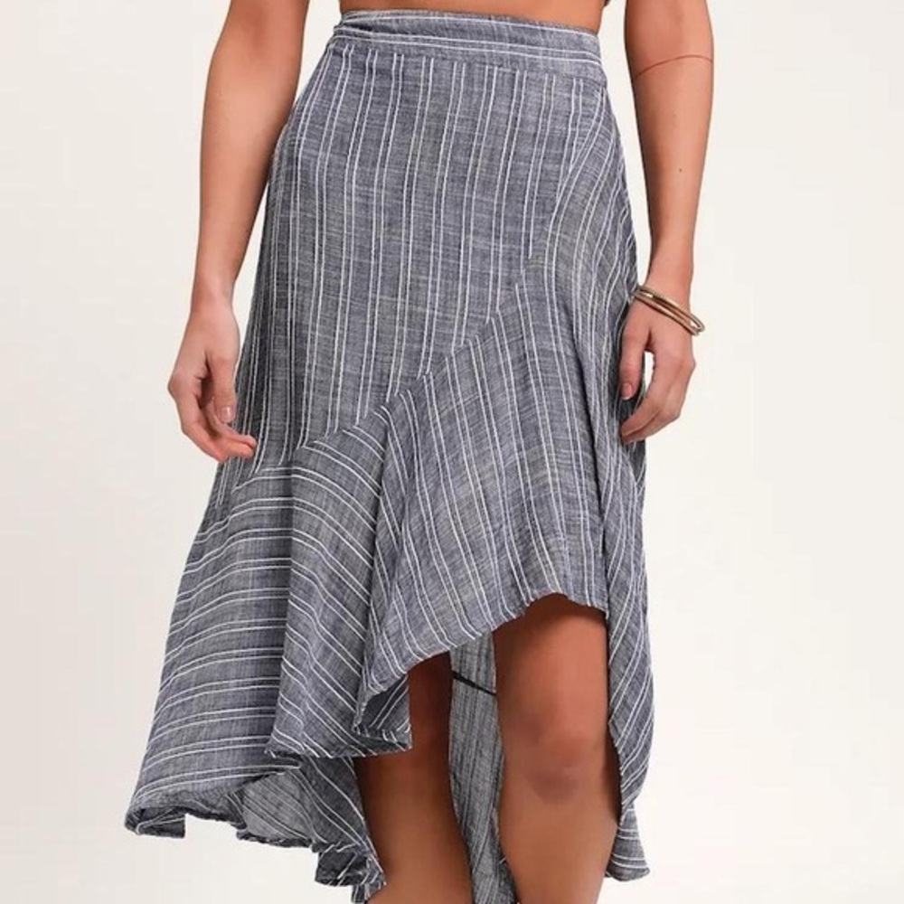 Lulu's Asymmetrical Blue Striped Ruffle Skirt XS